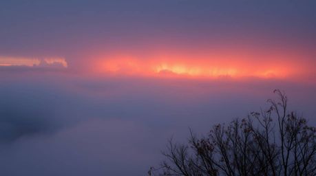Experience the breathtaking scene of thick fog enveloping thunderstorm clouds, dramatically illuminated by the warm hues of a