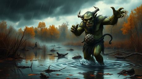 A captivating image of an ogre joyfully dancing in a swamp, set against a backdrop of intense autumn weather.  Warm earthy to