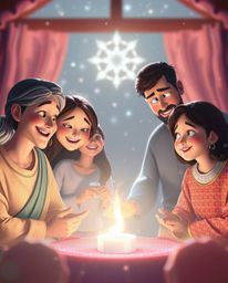 This high-resolution stock photo captures an ethereal and spiritual family reunion rendered in the iconic Pixar style.  The i