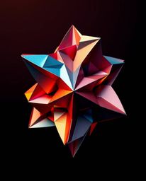 Explore the mesmerizing fusion of intricate origami and smooth 3D metallic shapes suspended in zero gravity. This artwork com