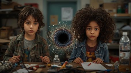A cinematic photograph captures a dynamic science fair duo, a curious boy with messy brown hair and a brilliant girl with Afr