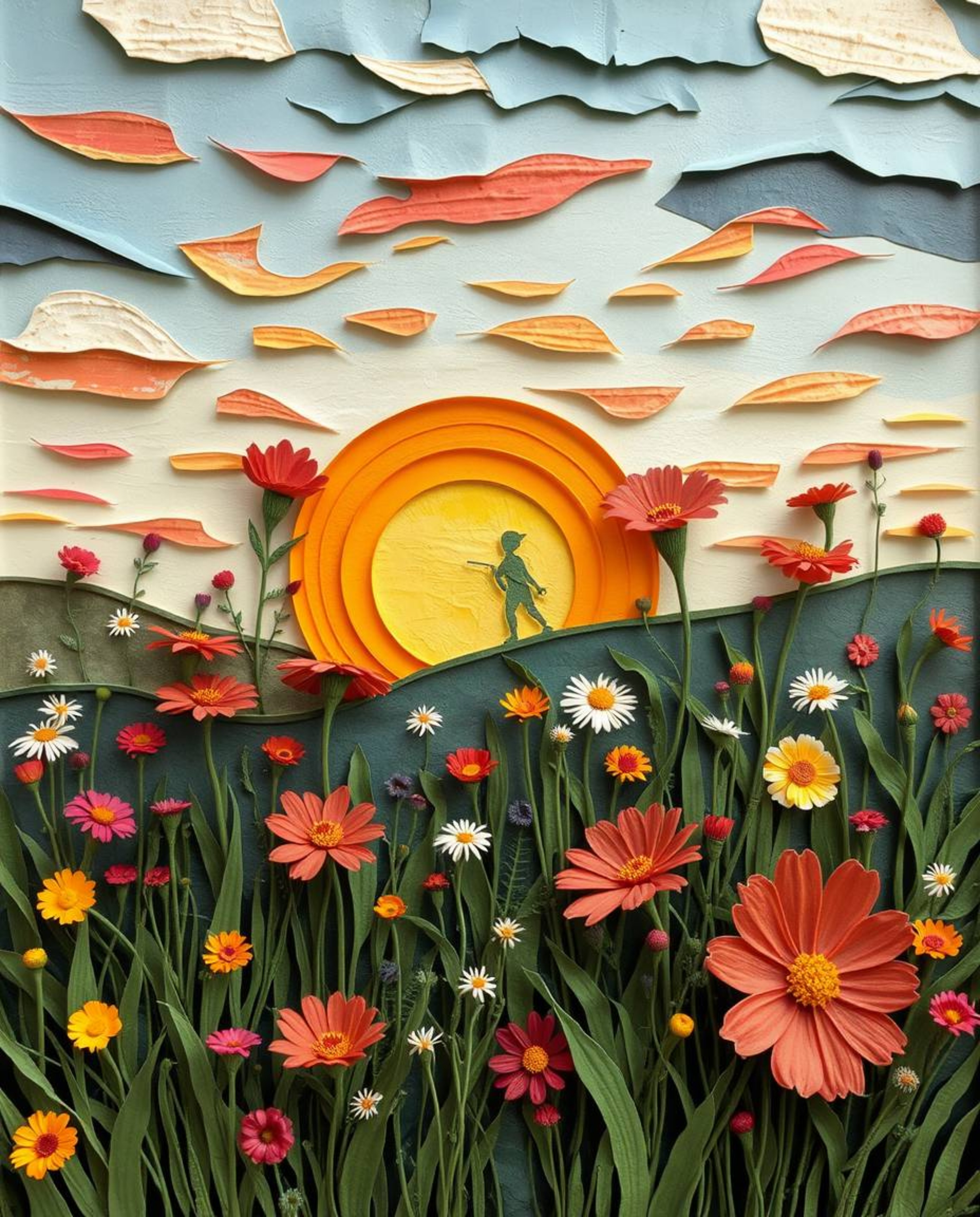 A layered papier-mâché artwork captures a dynamic spring wildflower meadow sunset. This piece is uniquely characterized by bl
