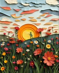 A layered papier-mâché artwork captures a dynamic spring wildflower meadow sunset. This piece is uniquely characterized by bl