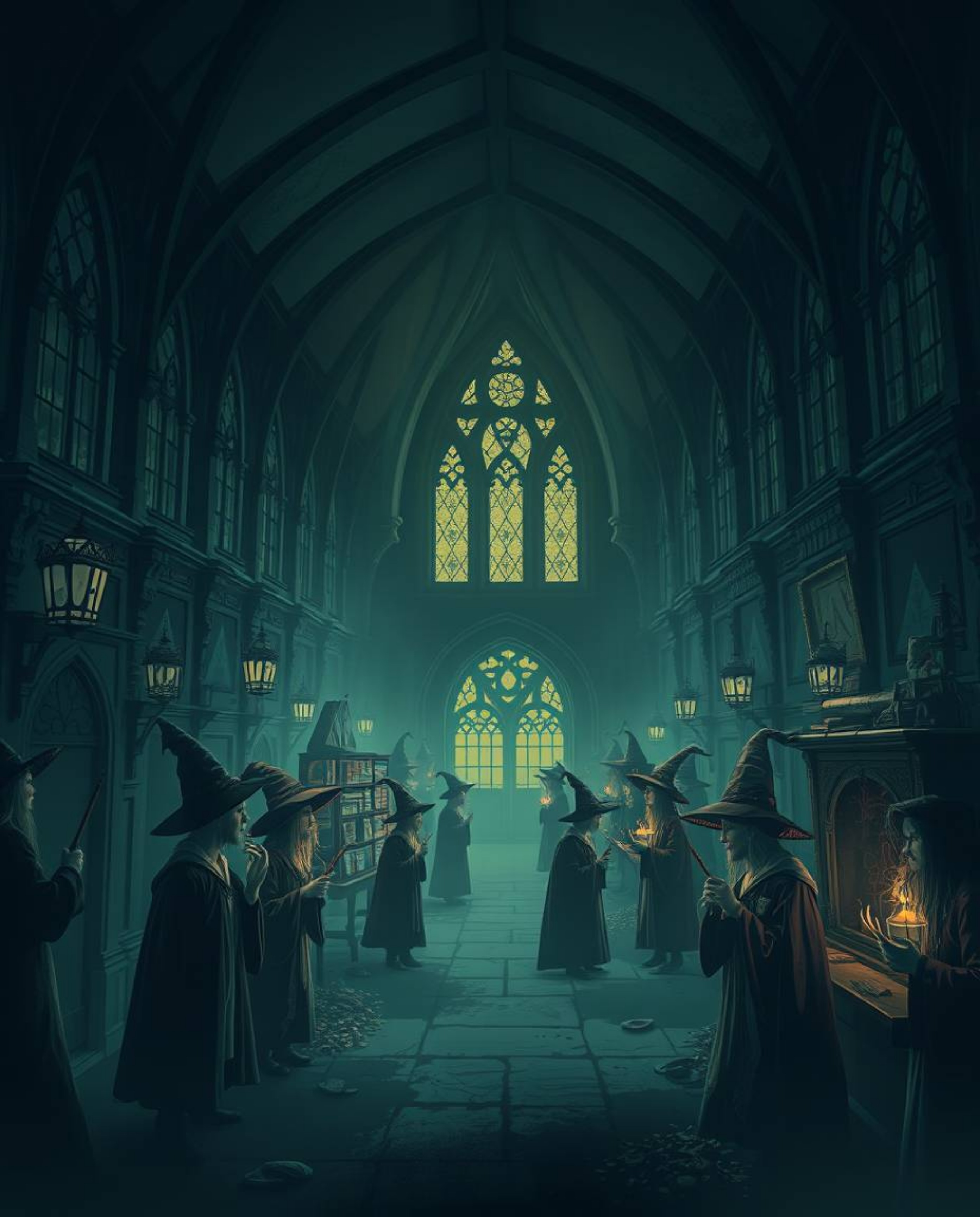 Discover a captivating magical school brimming with young wizards, shrouded in an eerie, creepy atmosphere.  Smooth gradient 