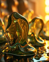 Explore a mesmerizing close-up showcasing detailed, radiant, luxurious, and surreal 3D melted glass shapes.  Rendered in a hy