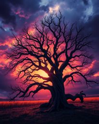 A digital painting of a sunset behind an old oak tree with twisted branches, set against a stormy sky. The artwork features d