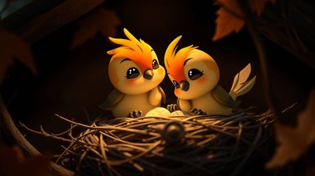A captivating close-up showcases two charming cartoon birds meticulously constructing their nest. Rendered in a classic anim