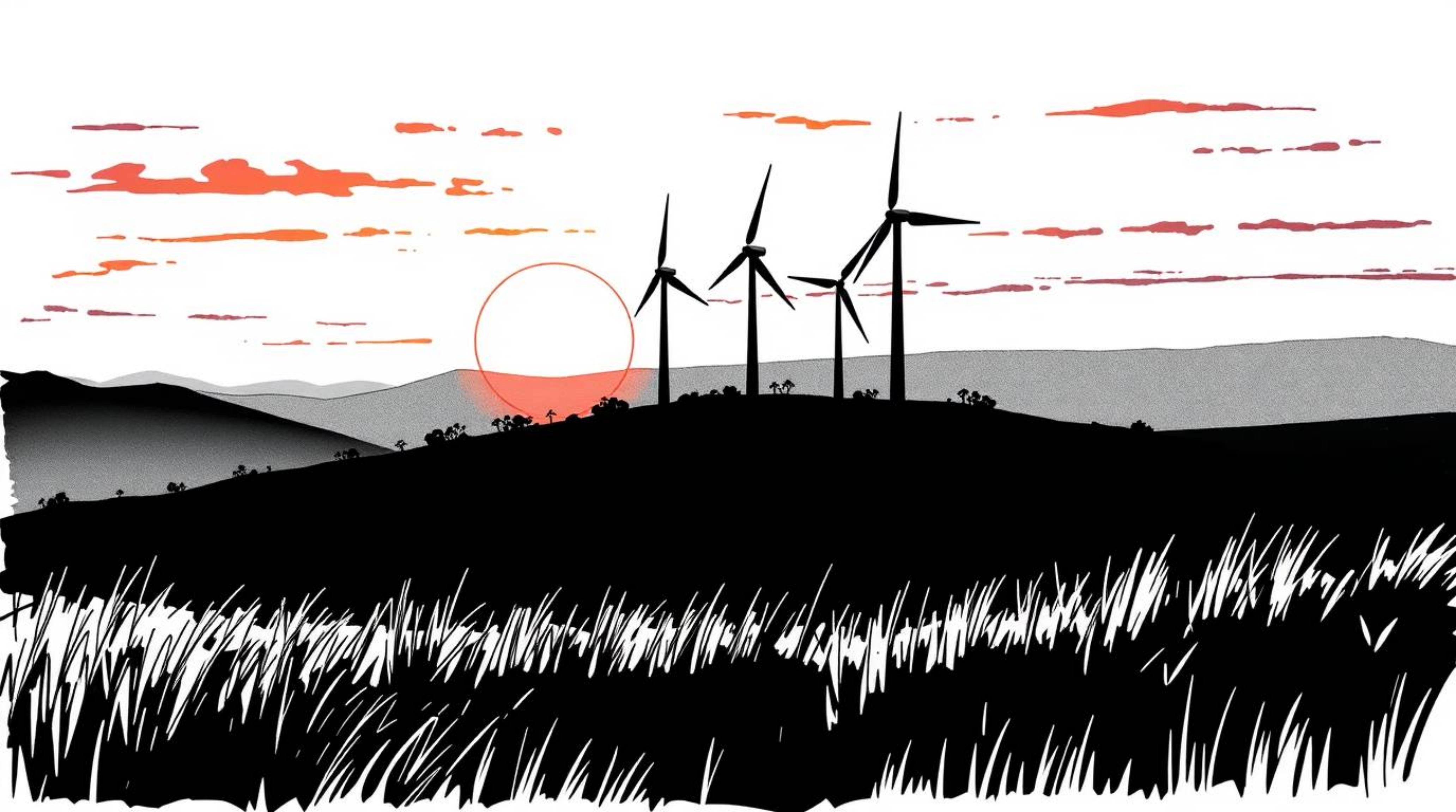 A classic black and white hand-drawn sketch depicting a serene sunset behind a row of wind turbines perched atop a hill.  Thi