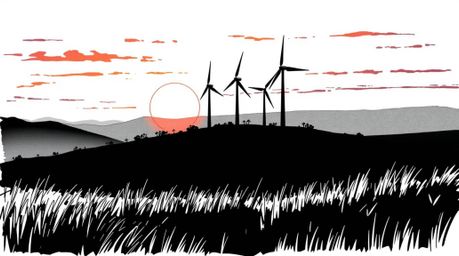 A classic black and white hand-drawn sketch depicting a serene sunset behind a row of wind turbines perched atop a hill.  Thi