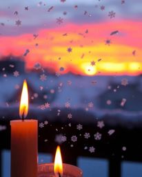 A beautiful scene unfolds as warm candlelight illuminates snowflakes falling during a vibrant sunset. The gentle, flickering 