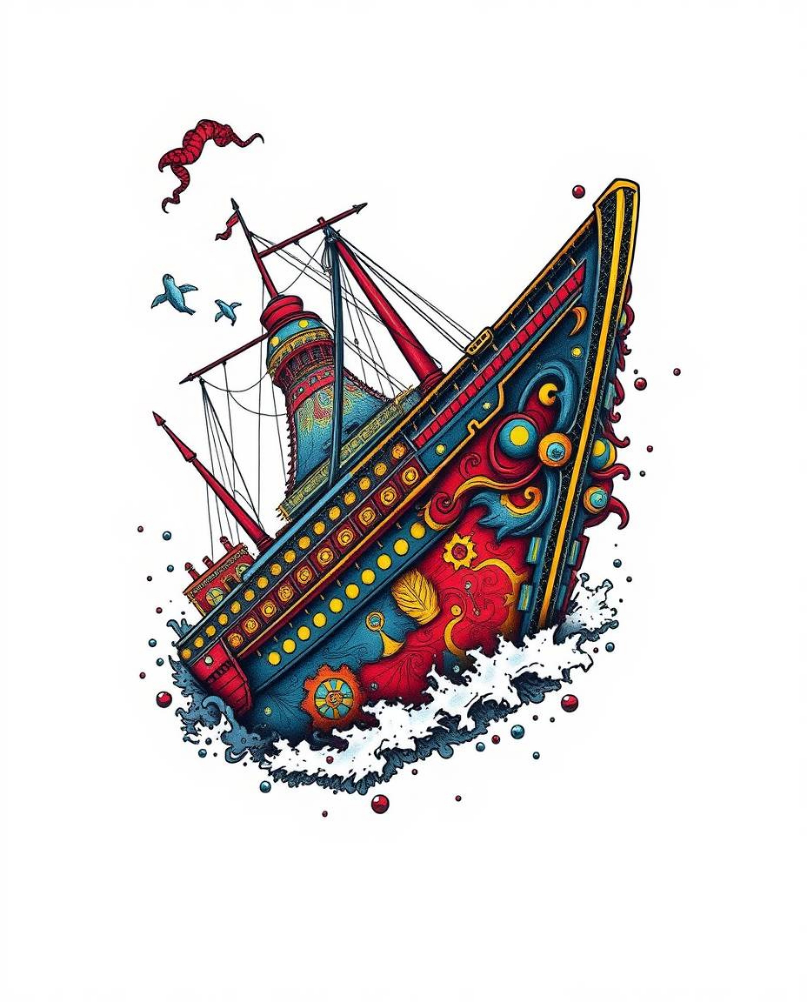 This vibrant art print showcases a symbolic and dynamic shipwreck tattoo design illuminated deep underwater. The artwork feat