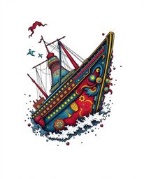 This vibrant art print showcases a symbolic and dynamic shipwreck tattoo design illuminated deep underwater. The artwork feat