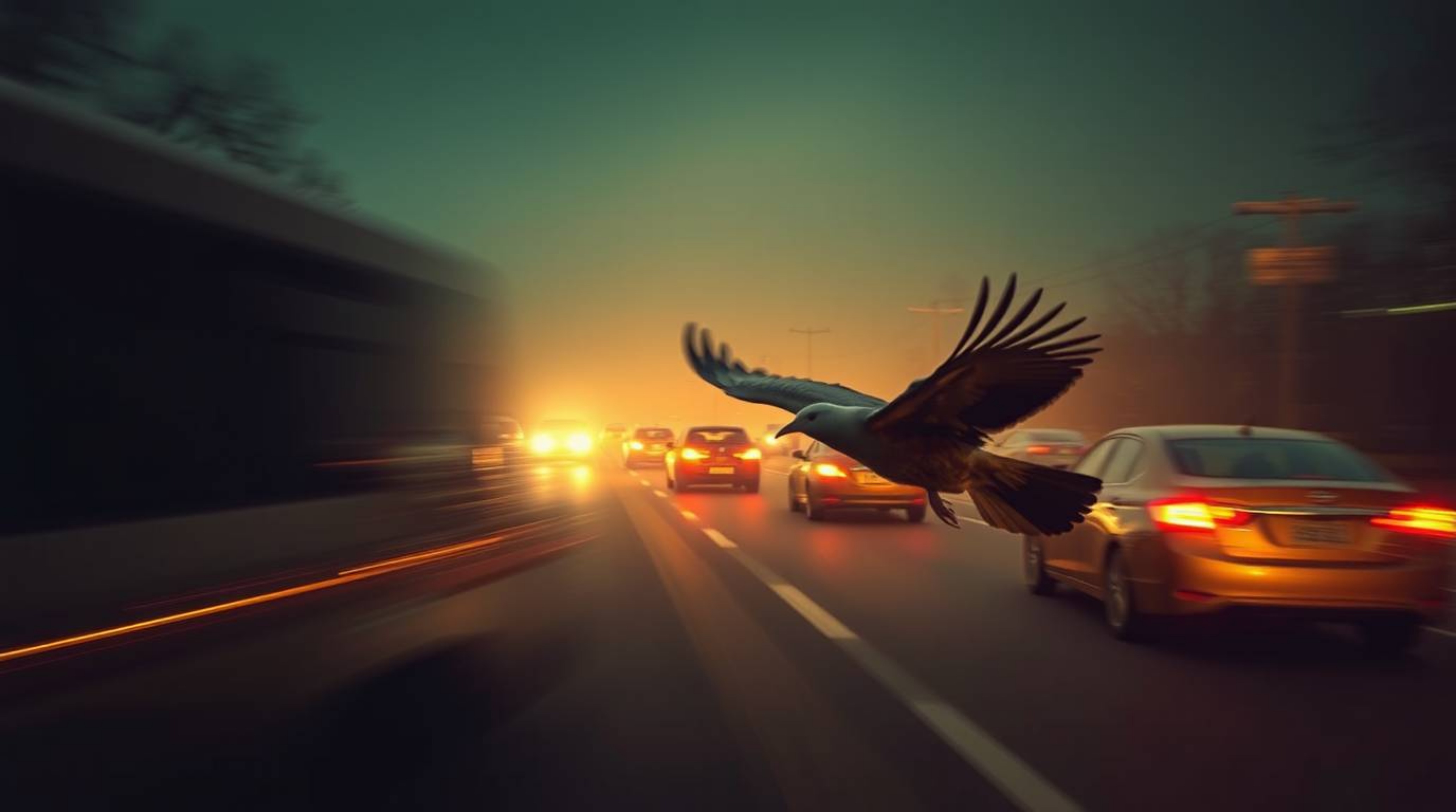 Experience the unsettling beauty of fine art photography capturing a fast-running bird amidst urban traffic. This eerie and c