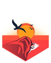 A geometric logo depicts a split sunset over a coastal cliff with soaring birds. The design utilizes bold shapes, clean lines
