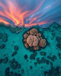An intricate, overhead bird's-eye view captures a coral reef at low tide beneath a colorful sky. This piece is rendered in a 