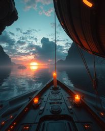A futuristic sci-fi scene unfolds from a high-angle perspective, capturing a boat drifting serenely on a lake at sunset. The 