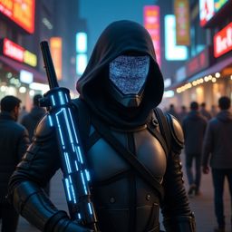 In a crowded cyberpunk marketplace illuminated by neon and holograms, a futuristic bounty hunter stands out in sleek black an