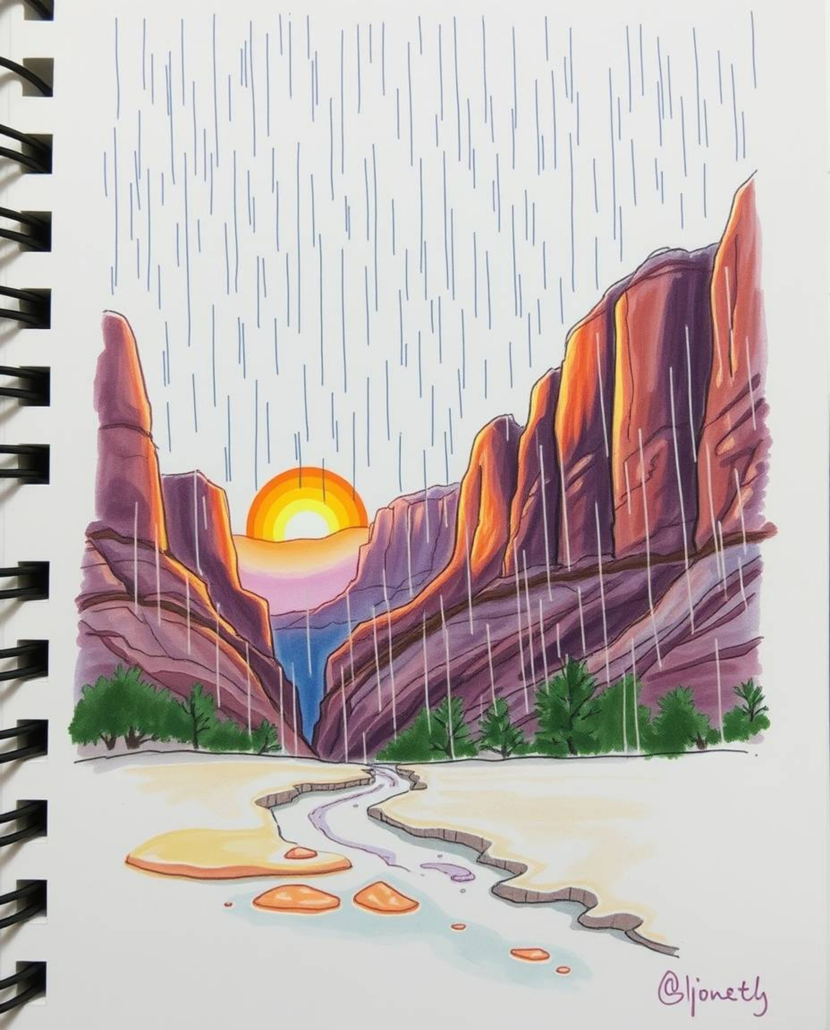 This hand-drawn color sketchnote illustrates a wet, rainy scene where a beautiful sunset illuminates sandstone cliffs in a ca