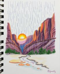 This hand-drawn color sketchnote illustrates a wet, rainy scene where a beautiful sunset illuminates sandstone cliffs in a ca