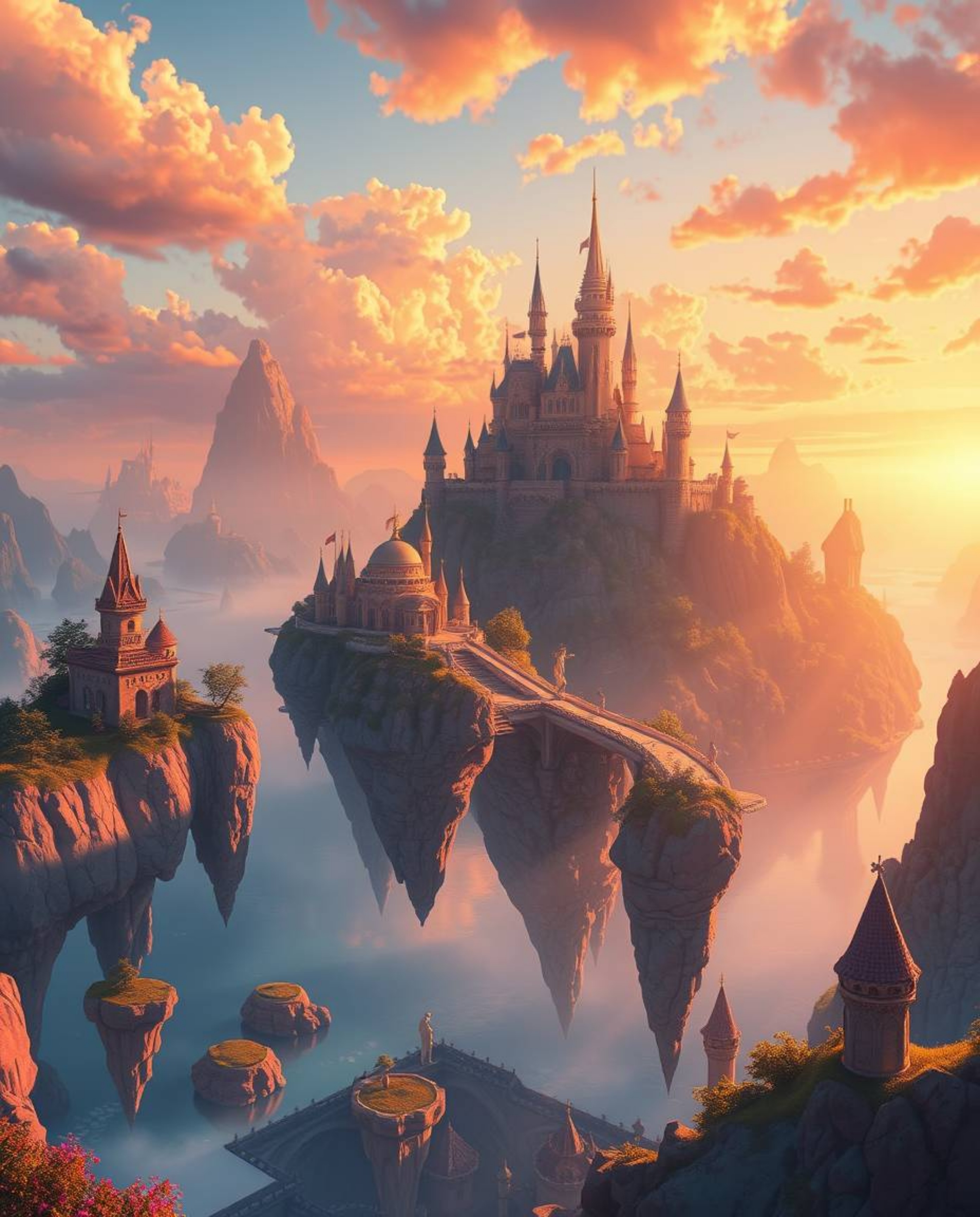 Discover a vibrant kingdom of floating islands and majestic castles bathed in the warm glow of golden hour. This radiant and 