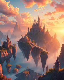 Discover a vibrant kingdom of floating islands and majestic castles bathed in the warm glow of golden hour. This radiant and