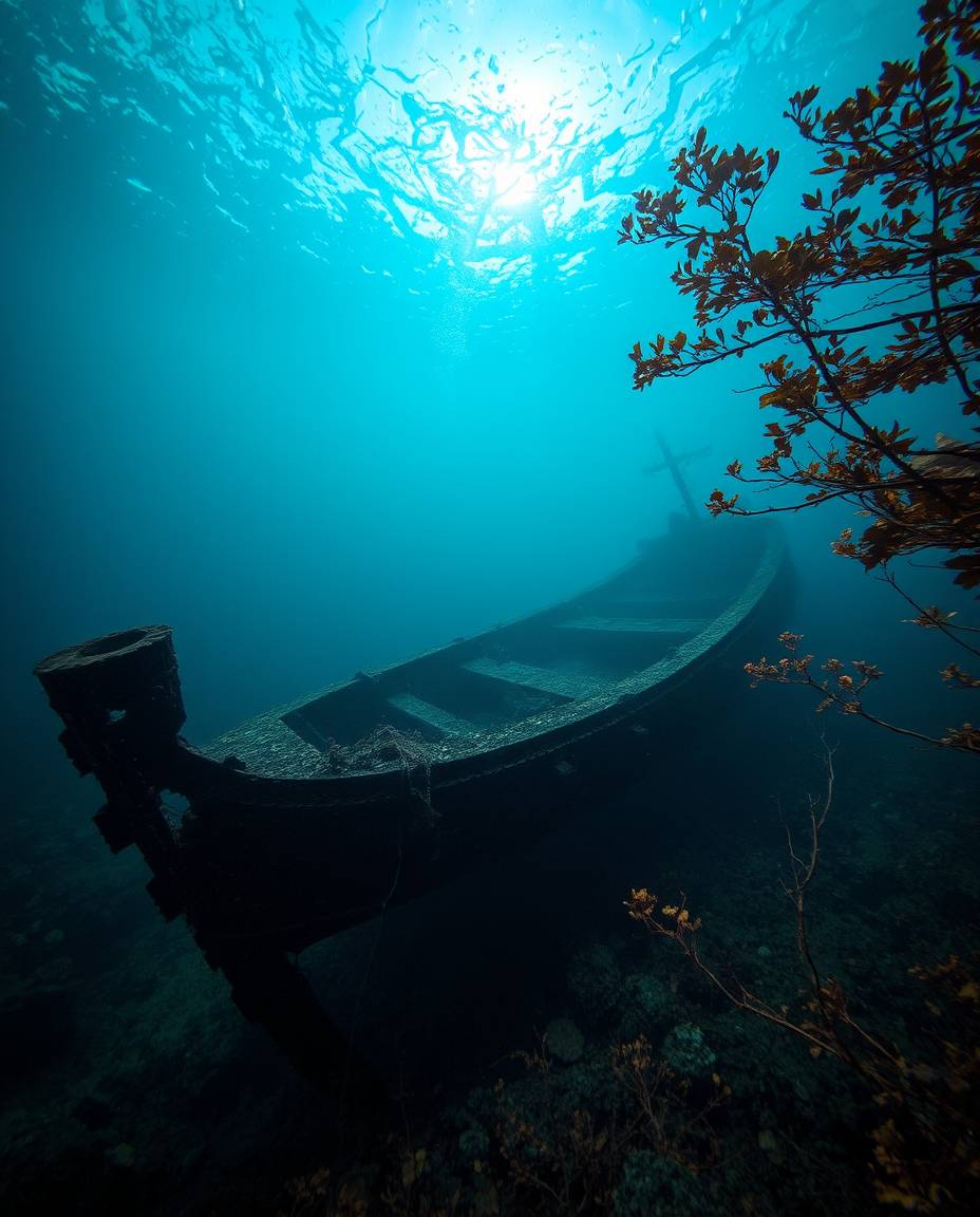 A dramatic and high-contrast underwater shipwreck image, bathed in the warm hues of autumn, creating a captivating and tense 