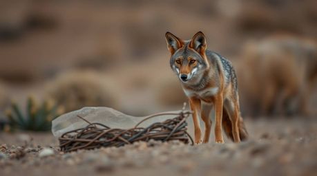 A sharp image of a coyote setting up a ridiculous trap in the desert, enhanced by a soft bokeh background. This captures a mo