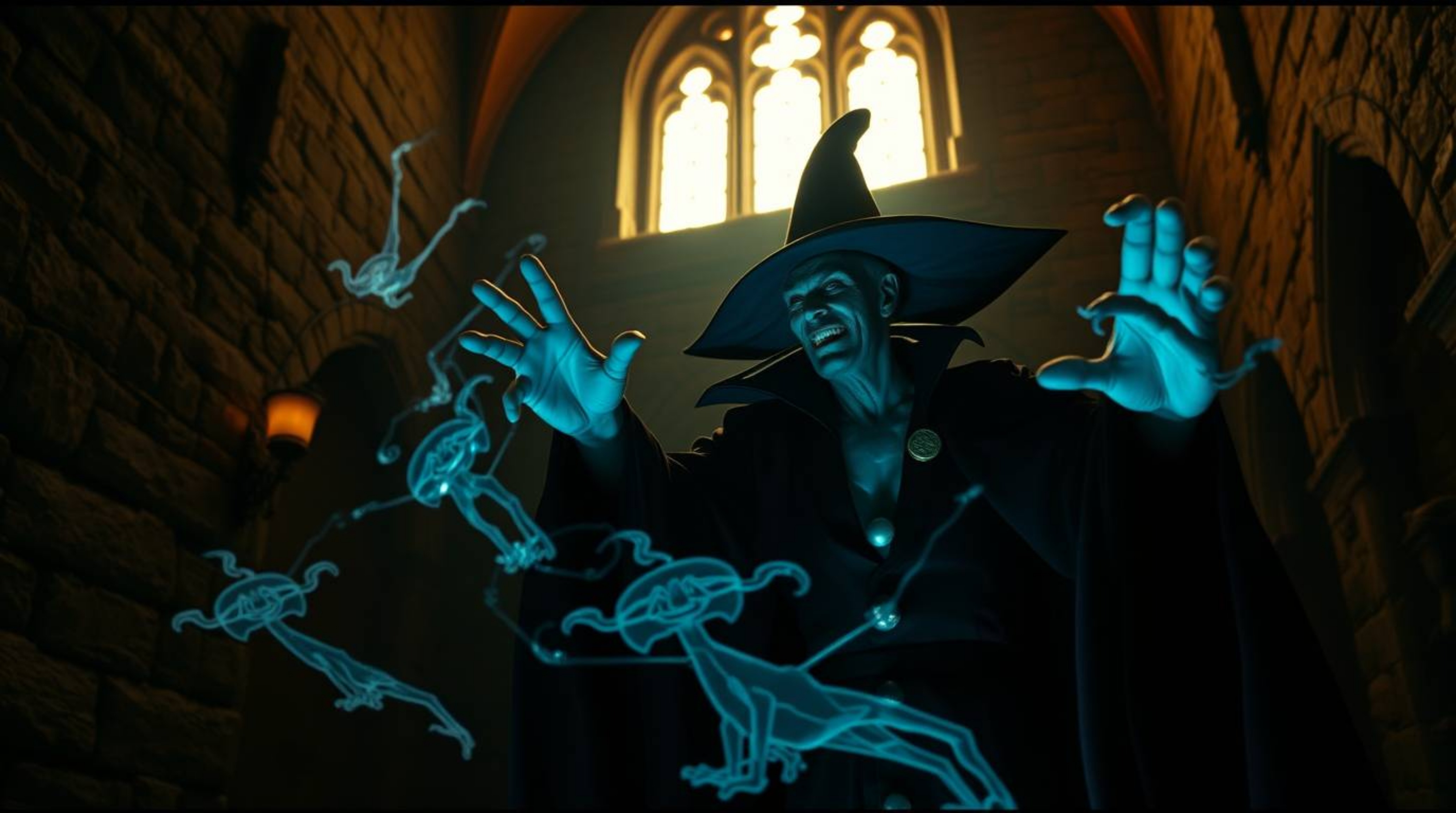 A captivating cinematic photograph depicts a classic Disney villain casting a spell within the ancient walls of a majestic ca
