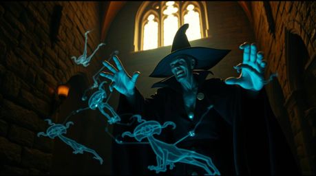 A captivating cinematic photograph depicts a classic Disney villain casting a spell within the ancient walls of a majestic ca