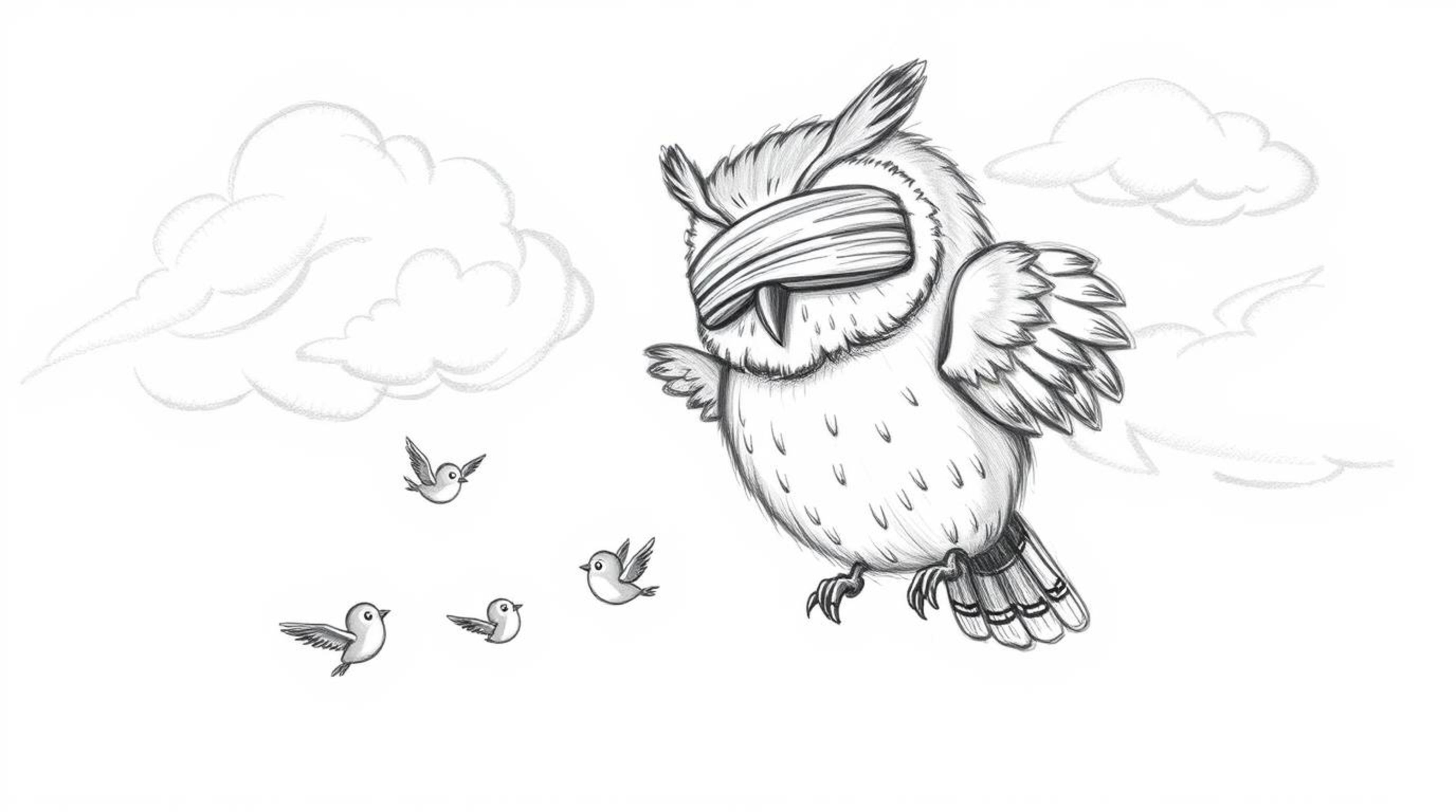 A heartwarming Pixar-style image of a blind owl with soft, feathery textures and expressive eyes, lovingly teaching small bir
