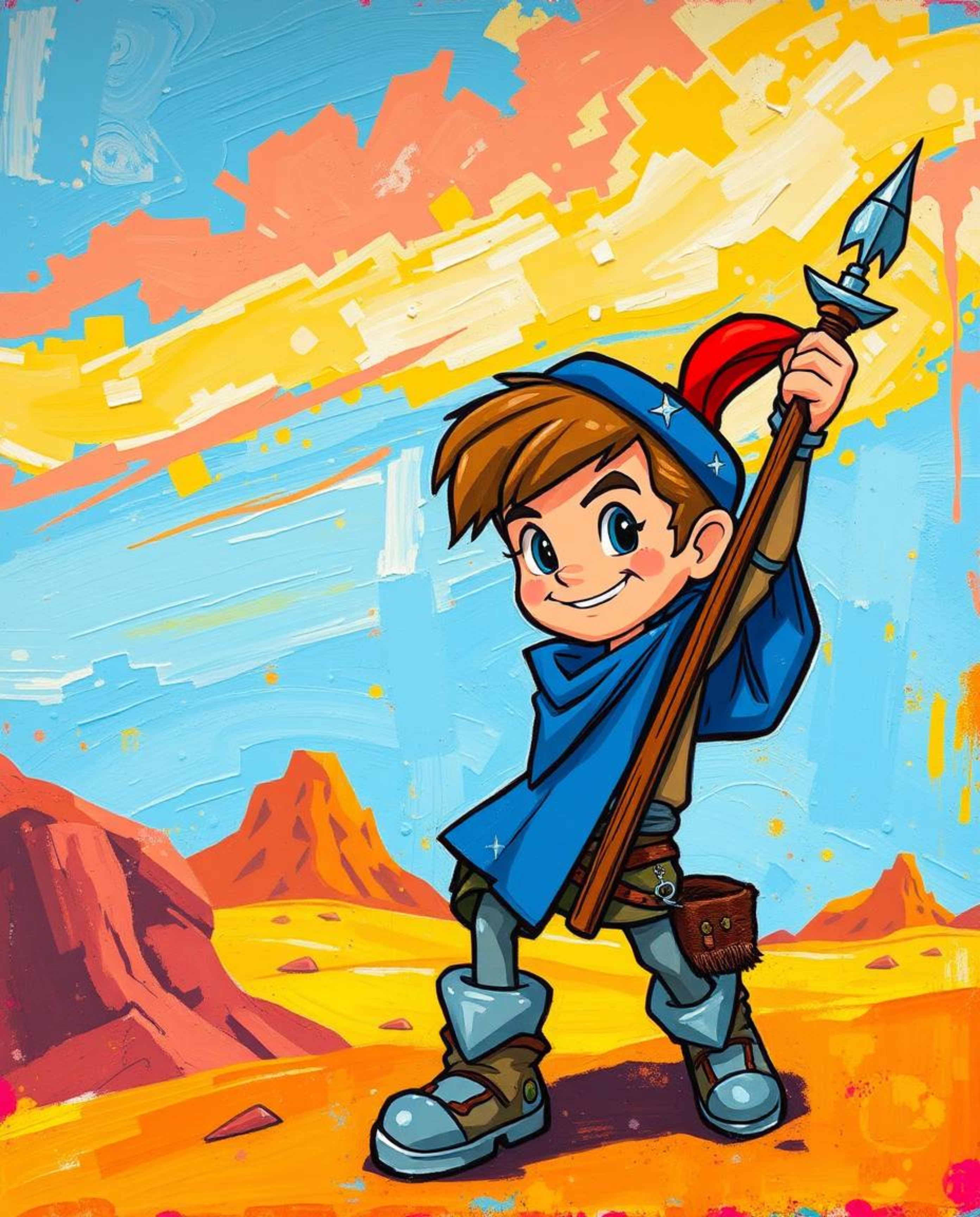 A bold and vibrant acrylic painting depicts a Disney-style hero embarking on a captivating desert adventure. The artwork feat
