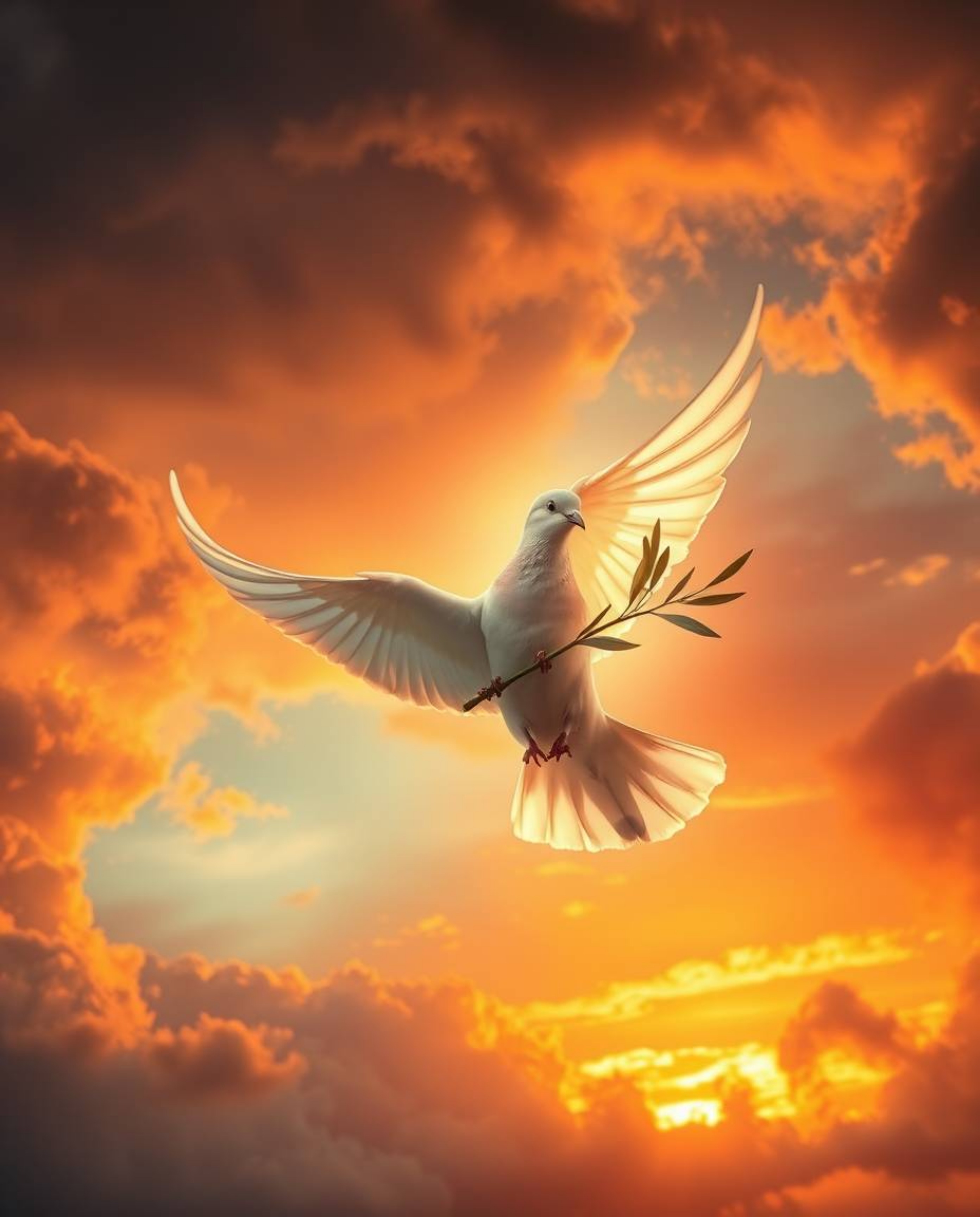 A captivating image depicting a dove carrying an olive branch amidst stormy skies, bathed in warm golden light.  The vibrant 