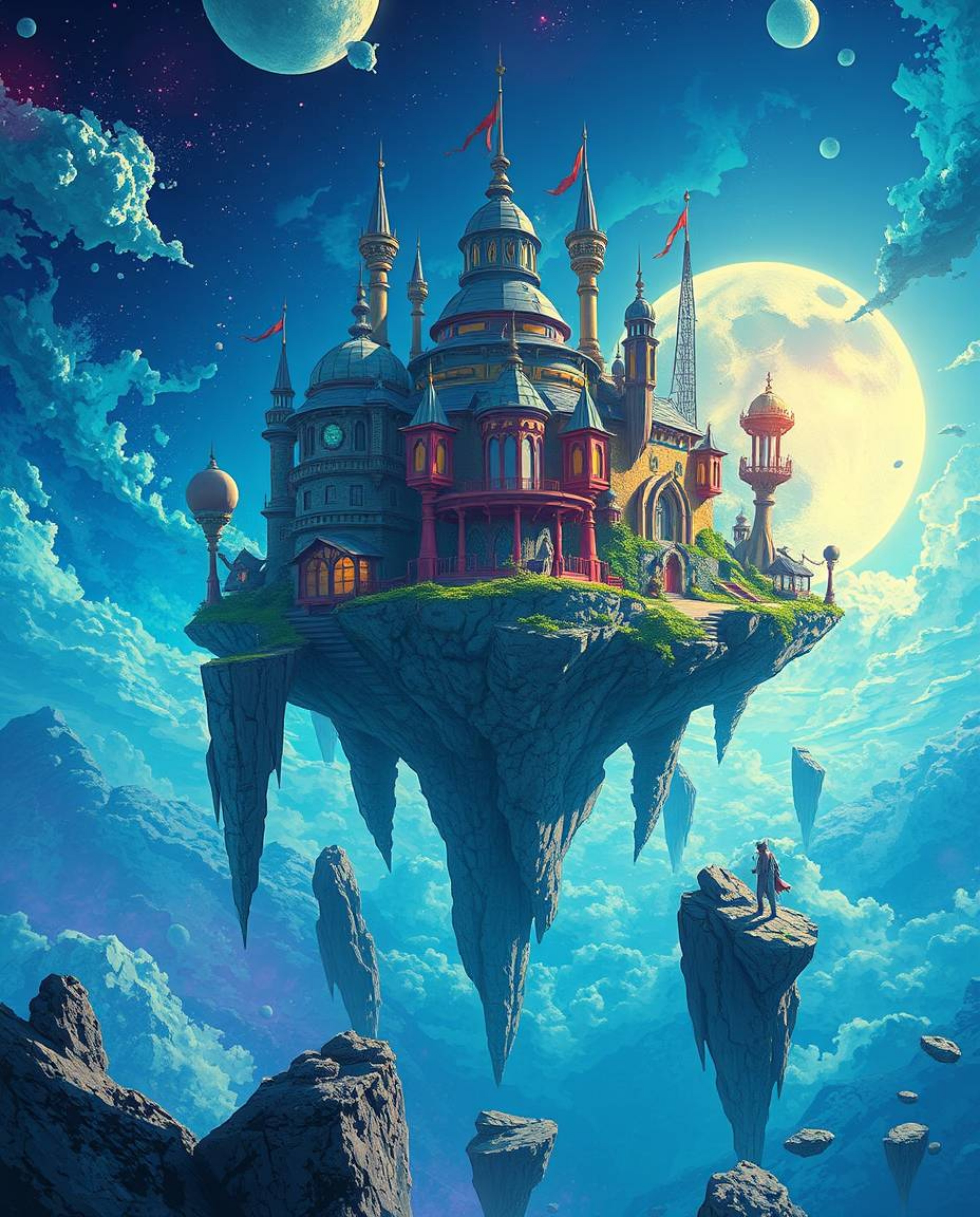 Explore a breathtaking surreal floating island, showcasing strange and captivating architecture rendered in the vibrant style
