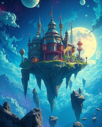 Explore a breathtaking surreal floating island, showcasing strange and captivating architecture rendered in the vibrant style