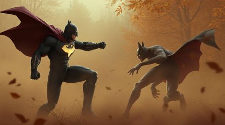 Experience an epic clash between a superhero and a silly villain amidst a dense fog bathed in the warm hues of autumn. This a