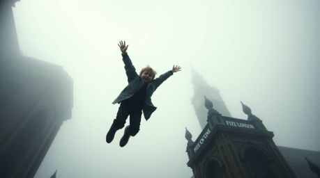 Experience the magic of a young boy soaring above a foggy London skyline, powered by pixie dust. This low-angle perspective c