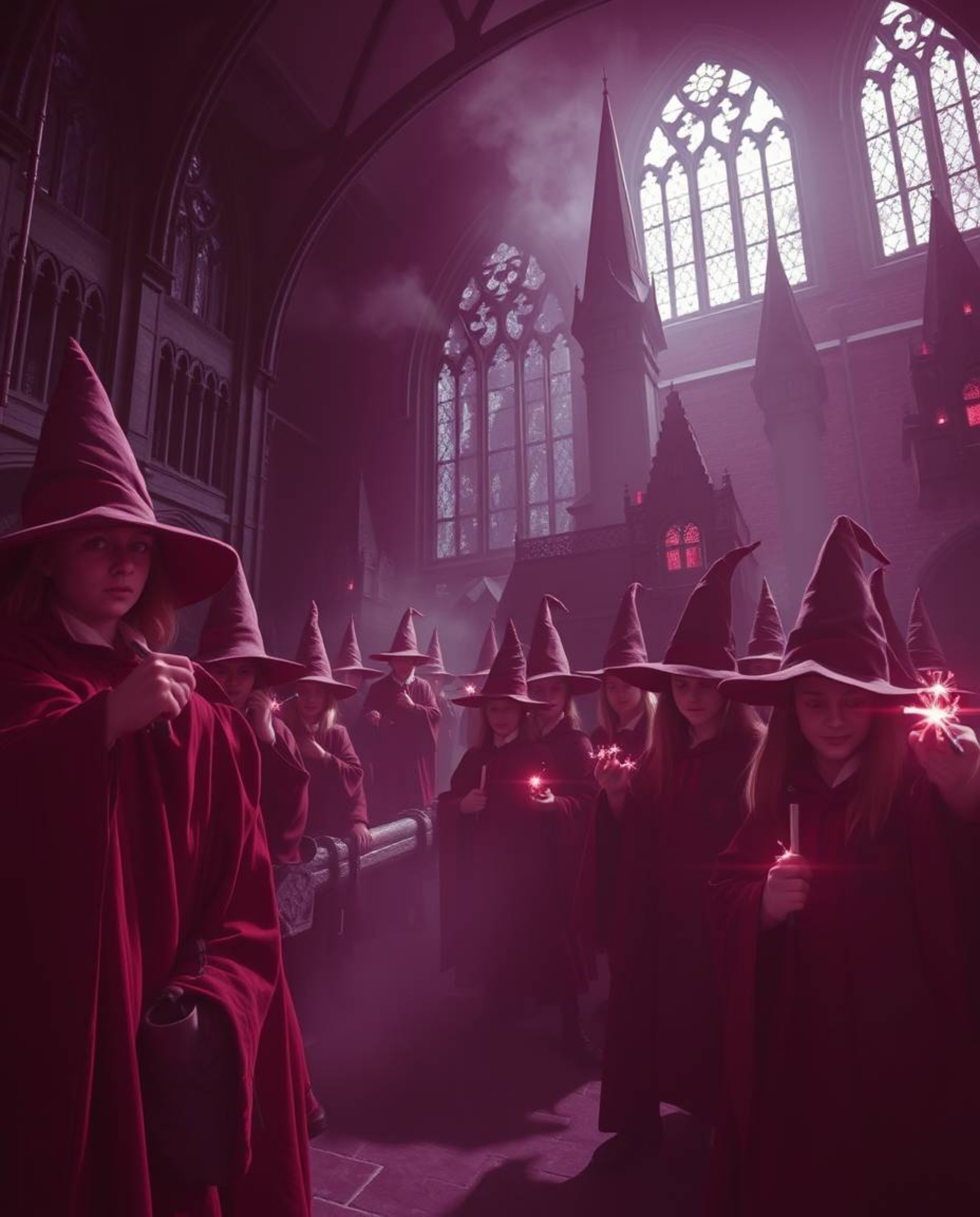 Explore a captivating magical school brimming with young wizards, presented in stunning surreal infrared tones. High contrast