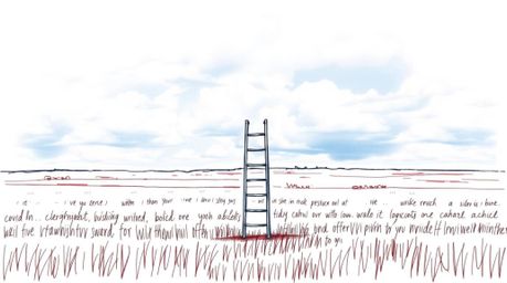 A hand-drawn color sketchnote depicts a minimalist scene: a silver ladder in an open field under a cloudy sky, rendered in ri