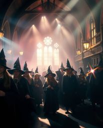 Step into a magical school bathed in a soft, hazy light and vibrant colors, where young wizards hone their skills in a dreamy