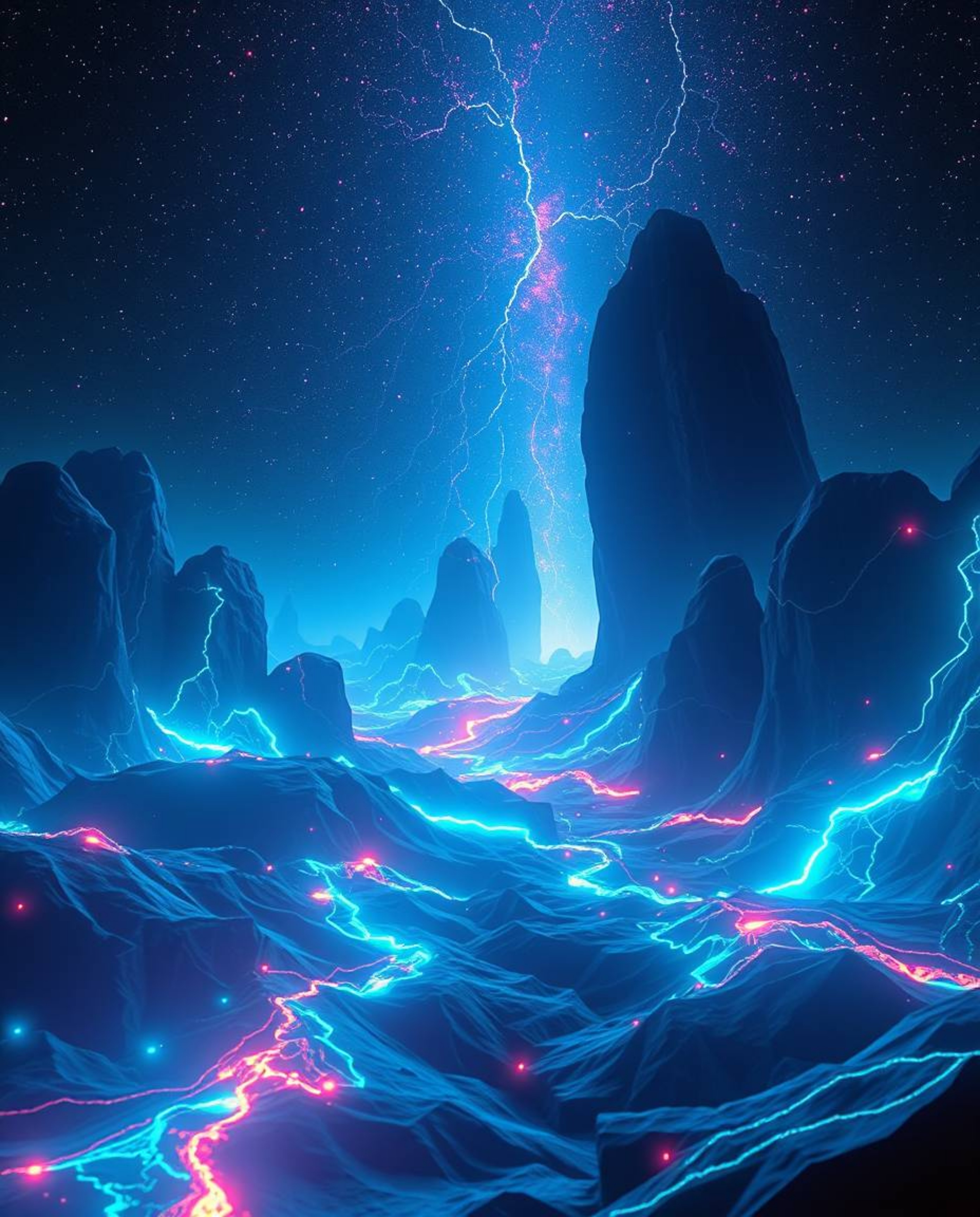 A mesmerizing digital glitch landscape breaks apart, revealing glowing bioluminescent colors intertwined with electric vivid