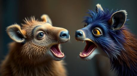 A captivating professional photograph showcases a duo of talking animals engaging in playful mischief.  The image, styled in 