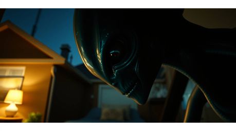 A dramatic, high-contrast extreme macro photograph depicts an alien in a seemingly ordinary suburban house. The image, shot i