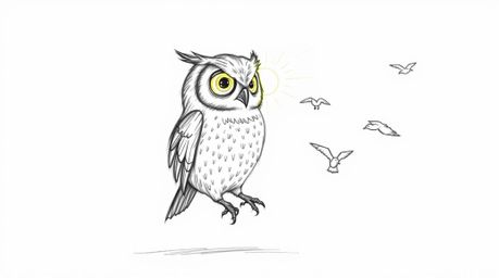 A heartwarming hand-drawn sketch in the style of Pixar, illustrating a blind owl with radiant, sunbeam-lit feathers patiently