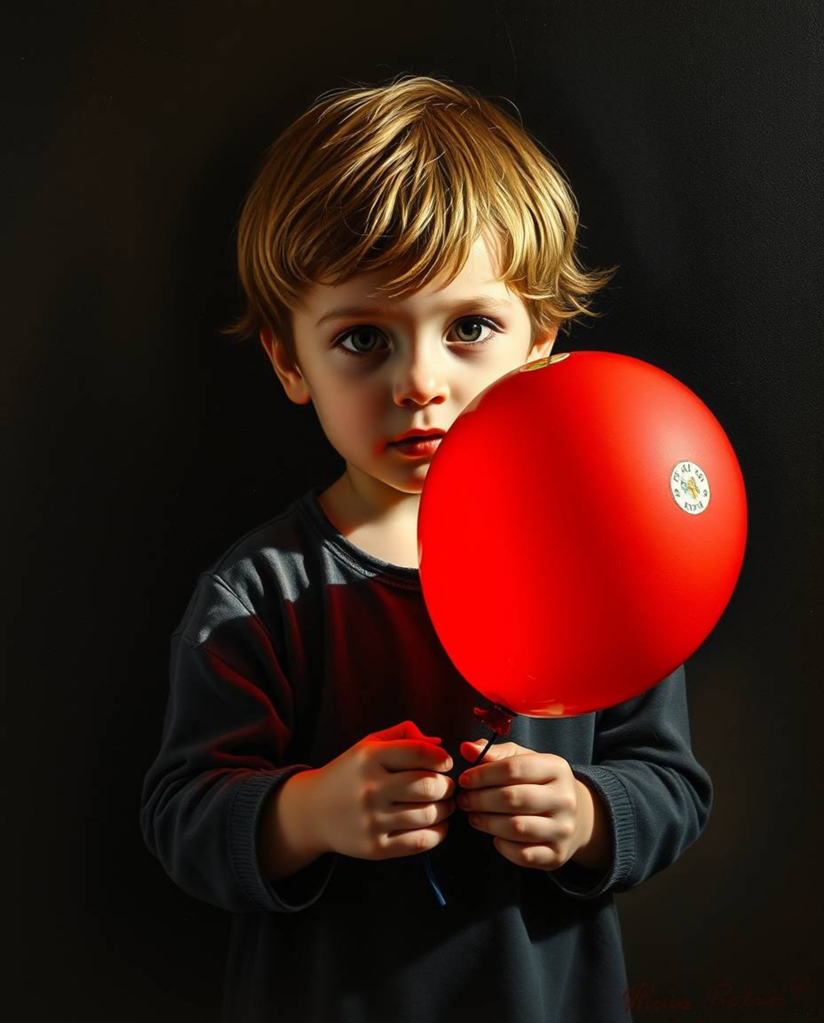 This captivating oil painting depicts a child holding a balloon, masterfully employing chiaroscuro lighting to create strong 