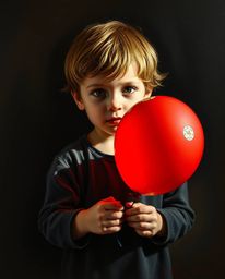 This captivating oil painting depicts a child holding a balloon, masterfully employing chiaroscuro lighting to create strong 