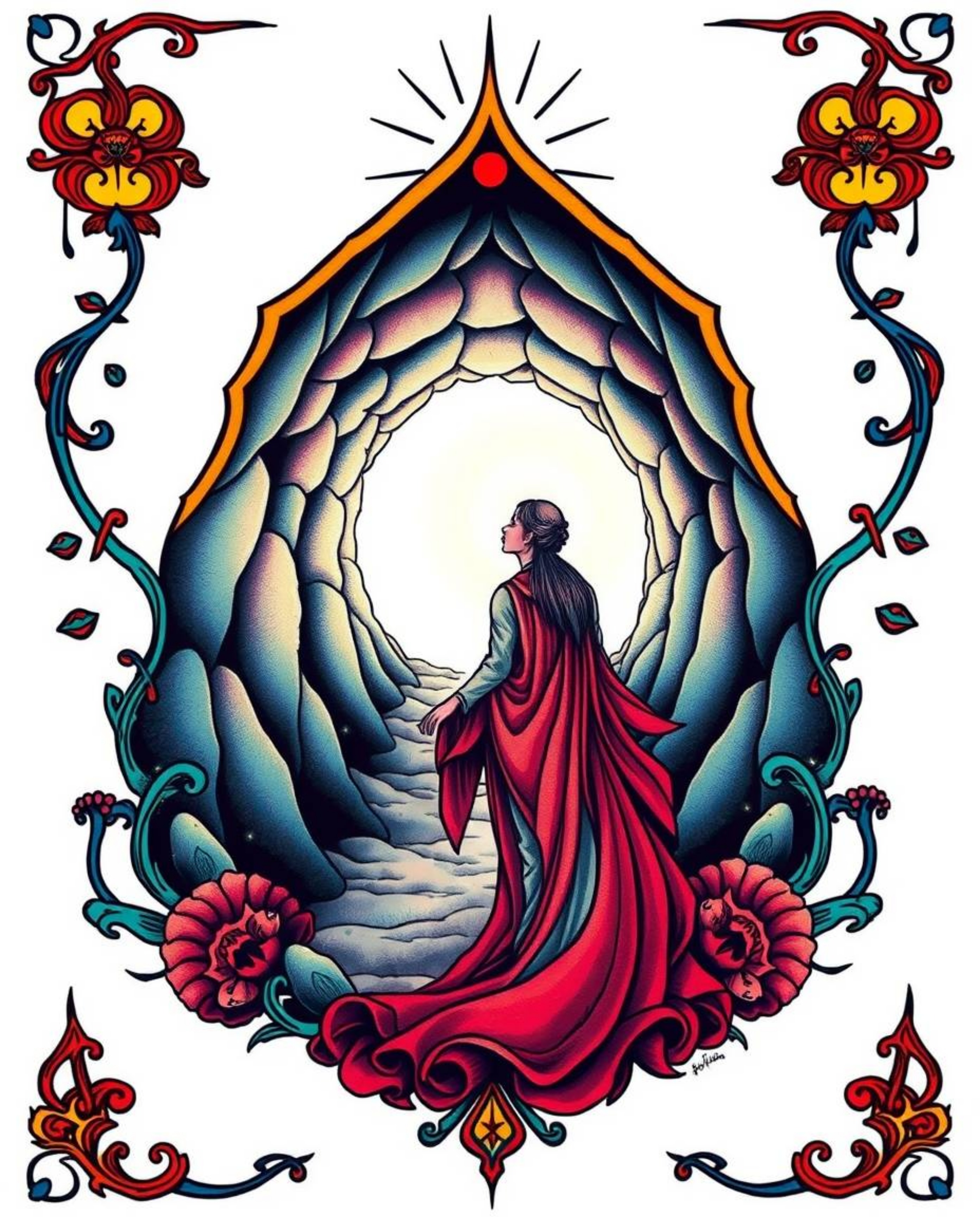 This vibrant tattoo art print features a person with a light aura standing at a tunnel's edge, gazing towards a radiant light