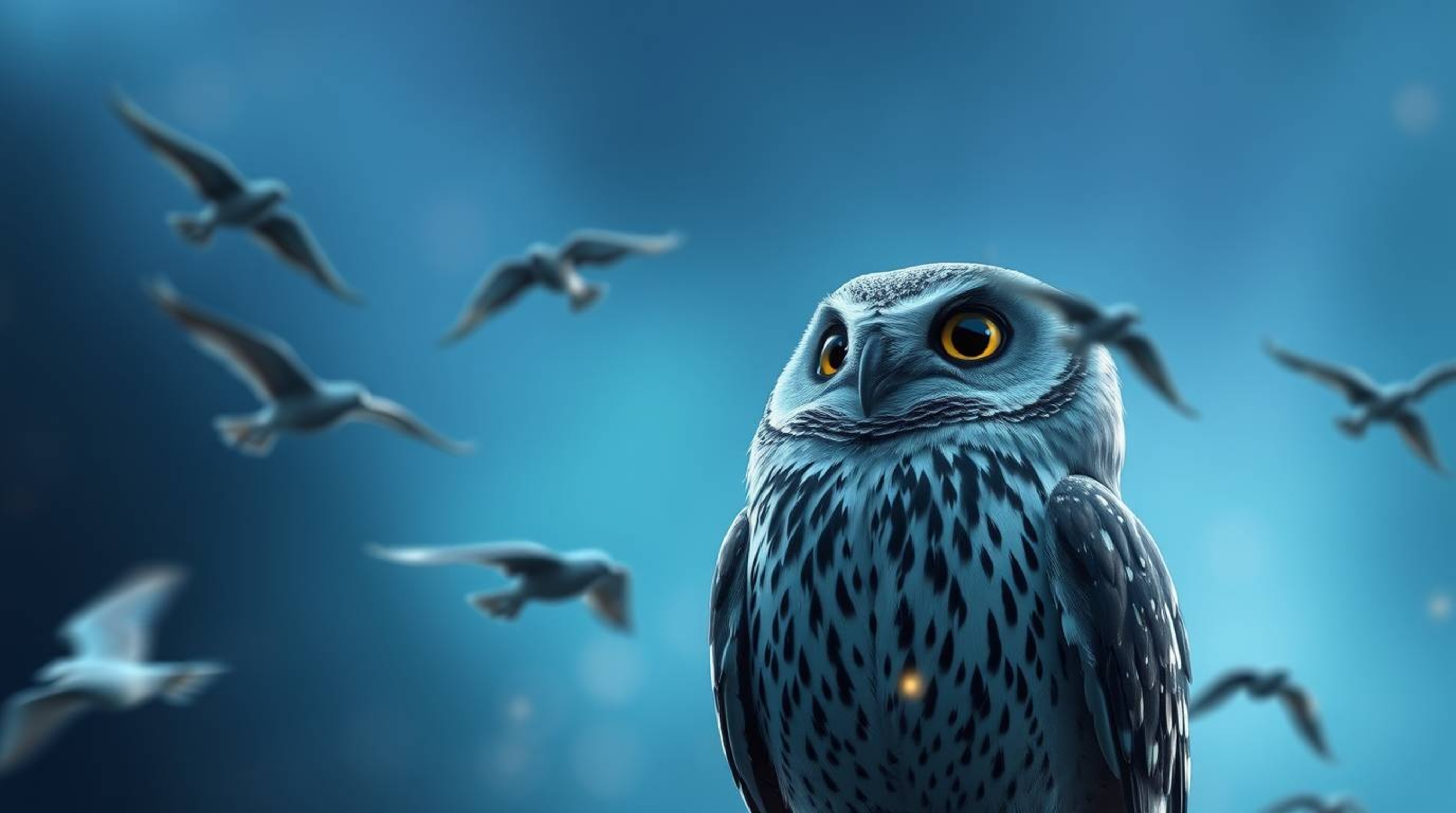 This stylized photograph captures a calming, ethereal ambiance, featuring a blind owl reminiscent of Pixar animation. With a 