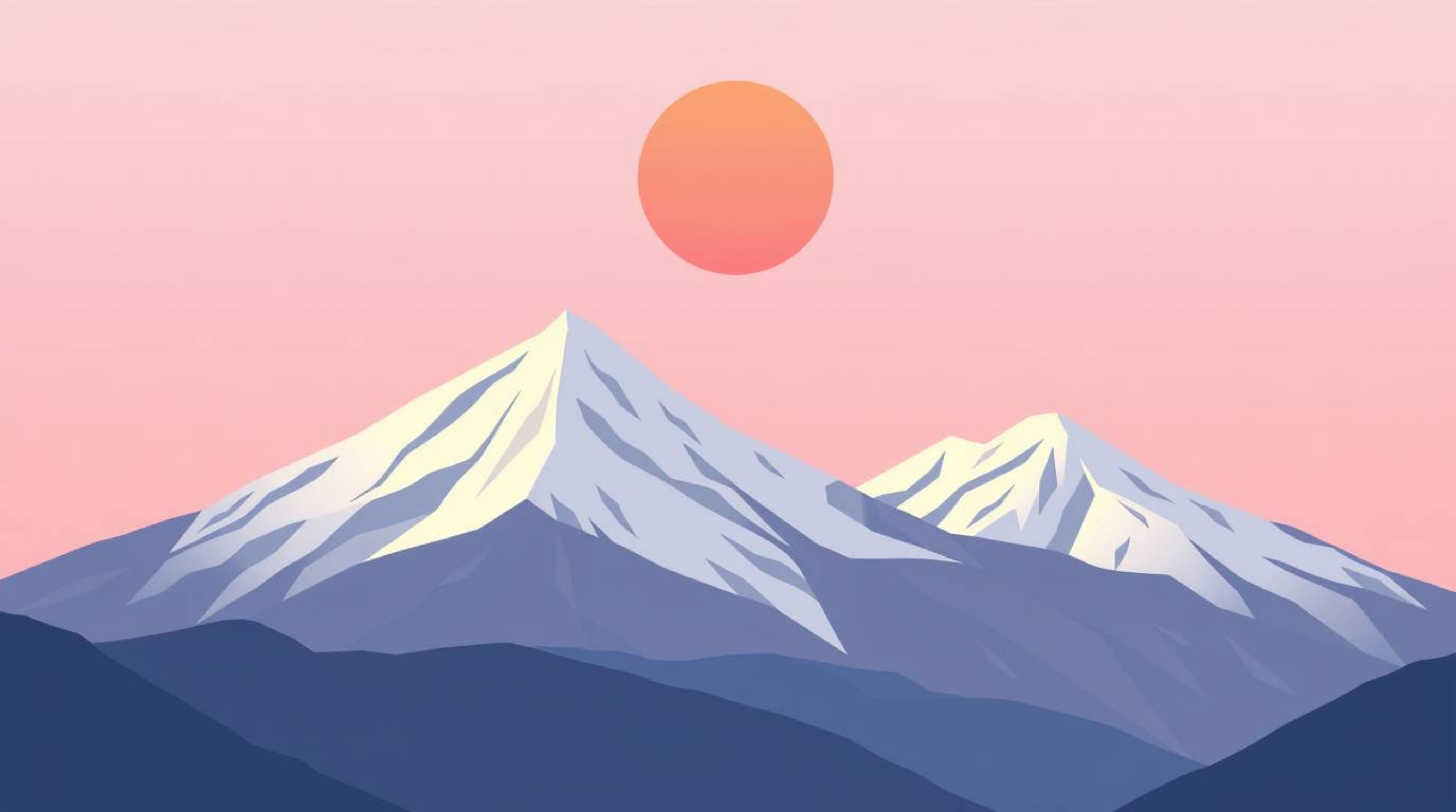 A captivating minimalist illustration showcases snow-capped mountains bathed in the warm glow of a pastel sunset.  Created wi