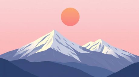 A captivating minimalist illustration showcases snow-capped mountains bathed in the warm glow of a pastel sunset.  Created wi