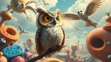 Experience a dreamlike surreal image in Pixar style, featuring a blind owl with large, expressive eyes and iridescent feather
